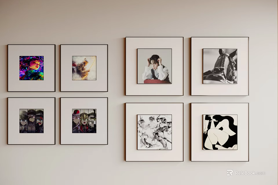 Multiple Photo Frames On Wall Displaying Various Artworks And Decor 3d model