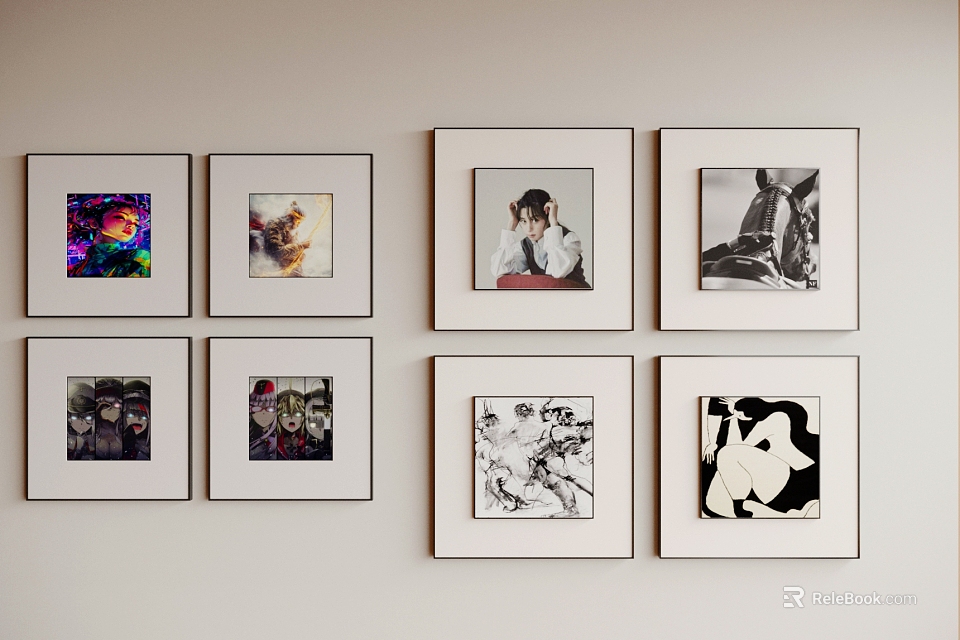 Multiple Photo Frames On Wall Displaying Various Artworks And Decor 3d model 