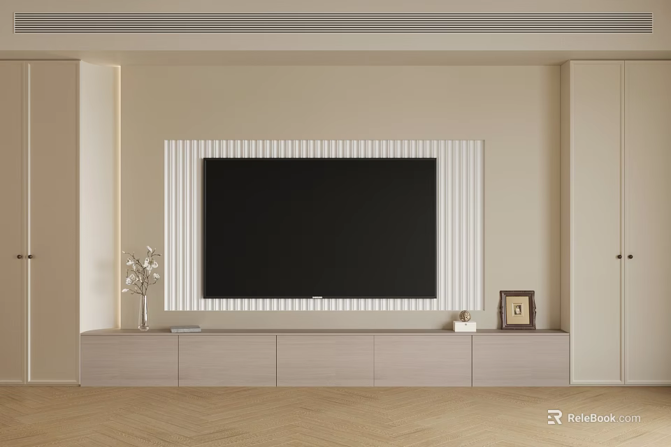 Modern TV Background Wall Design With Striped Panel Storage Cabinet And Decorative Items 3d model 