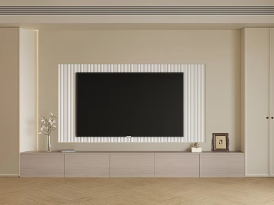 Modern TV Background Wall Design With Striped Panel Storage Cabinet And Decorative Items 3d model