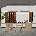 Modern Tea Room Interior With Wooden Table Stools Open Shelves Green Plants And Natural Light