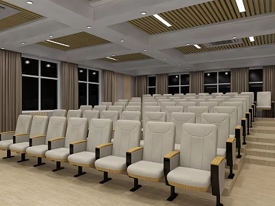 School Auditorium With Rows of Seats Large Windows Ceiling Light Strips and Wooden Decor 3d model
