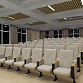 School Auditorium With Rows of Seats Large Windows Ceiling Light Strips and Wooden Decor