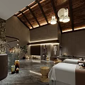 Luxury SPA Sauna Interior With Stone Wall Wooden Ceiling Massage Beds And Lighting