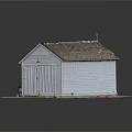 Wooden House With White Exterior Gray Roof And Wooden Crates Barrels