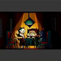 Cartoon Scene Of Cats Sitting Around Table Playing Cards With Chairs And Lamp