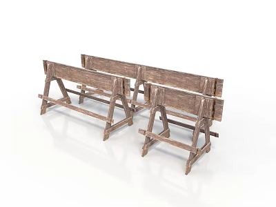 Vintage Wooden Benches Set of Three with Rustic Simple Structure Design 3d model