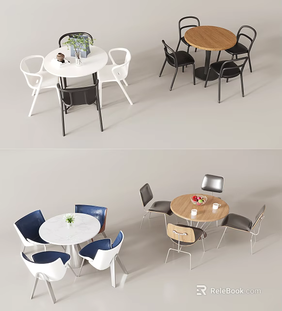 Modern Round Table and Chair Set With Marble Wooden Top And Colorful Seats 3d model 