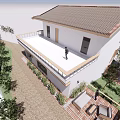 Modern Detached Villa With White Exterior Balcony Railing Paved Driveway And Green Plants