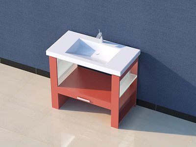Modern Washbasin Vanity With Red Cabinet White Countertop Faucet And Blue Wall 3d model