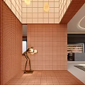 Modern Entryway Hallway Interior Design With Terracotta Tile Walls Metallic Floor Lamp And Grid Ceiling