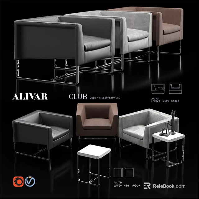 Alivar Club Lounge Chairs With Grey Brown Beige Upholstery And Metal Frame Side Tables 3d model 
