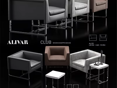 Alivar Club Lounge Chairs With Grey Brown Beige Upholstery And Metal Frame Side Tables 3d model