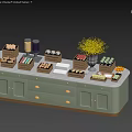 Assorted Pastries Candies And Berries Displayed On Light Blue Cabinet With Yellow Flower Bouquet
