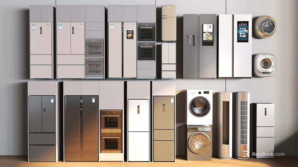 Modern Refrigerators and Freezers With Various Styles And Kitchen Appliance Designs 3d model 