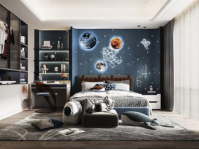 Starry Themed Kids Room With Space Wall Decor Bedding Astronaut Whale Toys And Study Desk 3d model