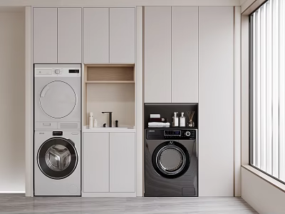 Modern Bathroom Cabinet Rack with Washing Machine Dryer White Cabinets Countertop Faucet Toiletries and Window 3d model