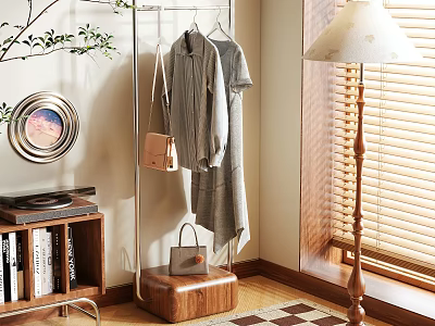 Modern Clothes Hanger with Hanging Clothes Handbags on Wooden Stool and Bookshelf Lamp Green Plant 3d model