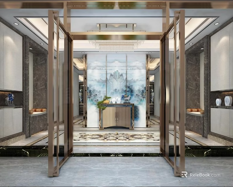 Elegant Modern Reception Desk Interior With Marble Counter And Landscape Painting Backdrop 3d model 