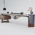 Traditional Chinese Wooden Tea Table and Chairs with Intricate Carving Tea Set and Decorative Vase