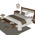 Natural Style Double Bed With Wooden Headboard Rattan Nightstand Bench And Hanging Lamp