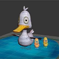 Playful Mother Duck With Two Baby Ducks Swimming On Blue Water Surface