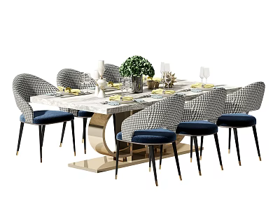 Modern Dining Table Set With Checkered Chairs Blue Cushions Marble Top Green Plant And Tableware 3d model