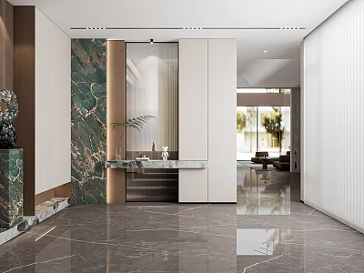 Modern Foyer Hallway With Marble Wall Mirror Cabinets Potted Plant Recessed Lighting And Marble Flooring 3d model