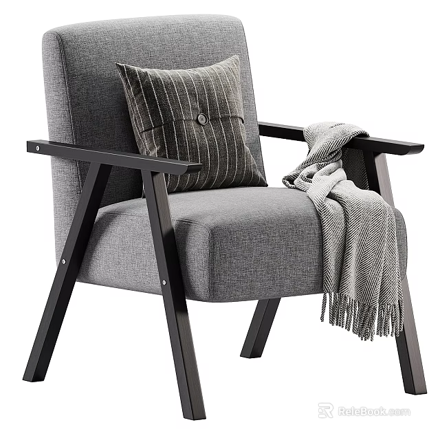 Gray Armchair With Black Armrests And Legs Striped Pillow And Gray Blanket 3d model 