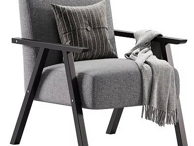 Gray Armchair With Black Armrests And Legs Striped Pillow And Gray Blanket 3d model