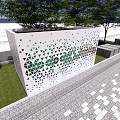White Perforated Landscape Feature Wall With Trees And Distant Mountain View 3d model
