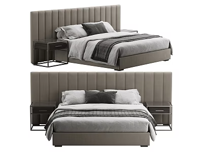 Modern Upholstered Double Bed With Gray Headboard Black Nightstands And White Gray Bedding 3d model