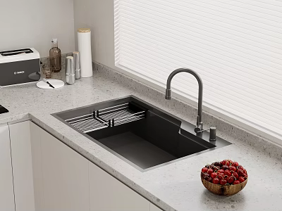 White Kitchen Cabinets Interior With Countertop Sink Faucet Toaster And Cherry Bowl 3d model
