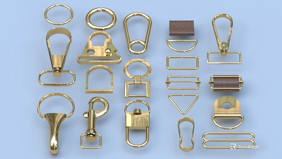 Collection Of Shiny Gold Metal Hardware Accessories With Various Shapes And Styles 3d model 