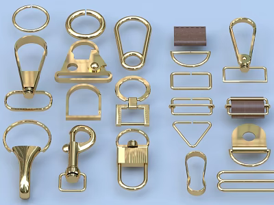 Collection Of Shiny Gold Metal Hardware Accessories With Various Shapes And Styles 3d model