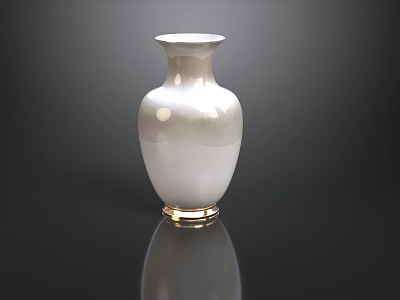 White Ceramic Vase With Smooth Surface And Gold Base On Dark Background With Reflection 3d model