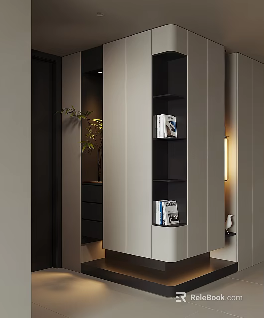 Modern Entryway Hallway Interior Design With Cabinet Shelves Books Plant And Soft Lighting 3d model 