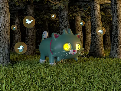 Cute Green Cat With Glowing Eyes In Forest Surrounded By Floating Butterfly Lights On Grass 3d model
