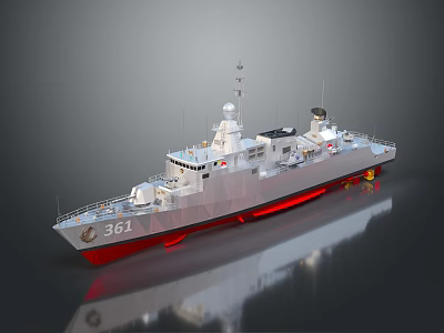 Military Patrol Boat Model With Red Hull And Radar Equipment 3d model