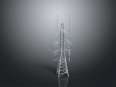 High Voltage Electricity Pylon Metal Structure With Multiple Antennas And Power Lines 3d model