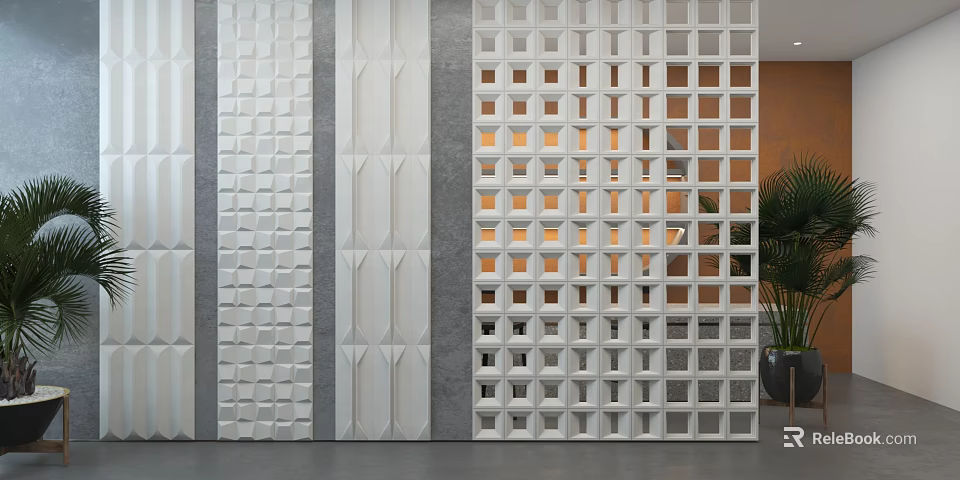 White Geometric Pattern Background Wall With Hollow Out Design And Various Textures For Interior Decor 3d model 
