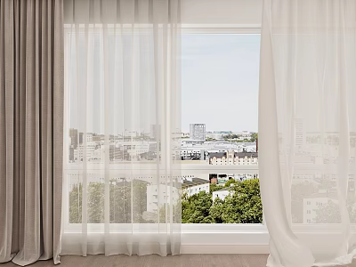 Gray Thick Curtains And White Sheer Curtains By Window With City View And Green Trees 3d model