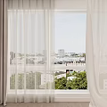 Gray Thick Curtains And White Sheer Curtains By Window With City View And Green Trees