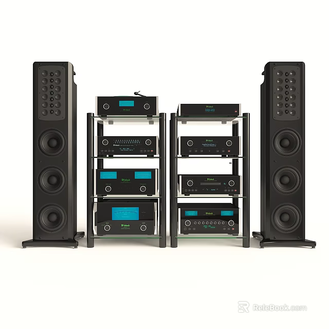 Black Hi Fi Audio System With Floorstanding Speakers And Rack Mounted Equipment Display Screens 3d model 