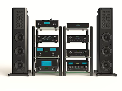 Black Hi Fi Audio System With Floorstanding Speakers And Rack Mounted Equipment Display Screens 3d model