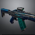 Futuristic Modern Tactical Rifle With Blue Green Components And Shiny Metallic Finish