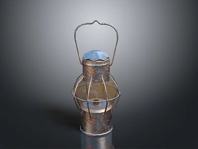 Vintage Metal Lantern With Handle Frame Blue Top And Solid Base 3d model