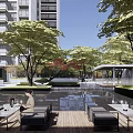Modern Urban Garden Landscape With Blue Running Track Greenery Fitness Equipment And People Exercising