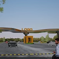 Modern Entrance Gate Structure With LOGO Vehicles Passing And Trees Along Road