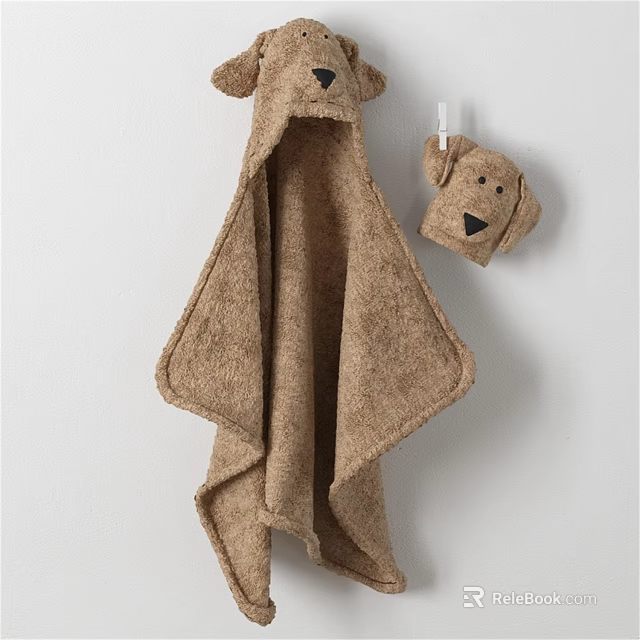 Cute Brown Bear Shaped Towel Set Hanging On White Wall With Small Companion Piece 3d model 